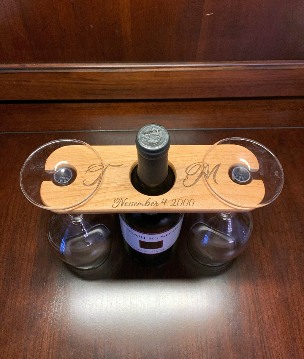 Custom Engraved Wood Wine Glass Caddy Wine Butler.
