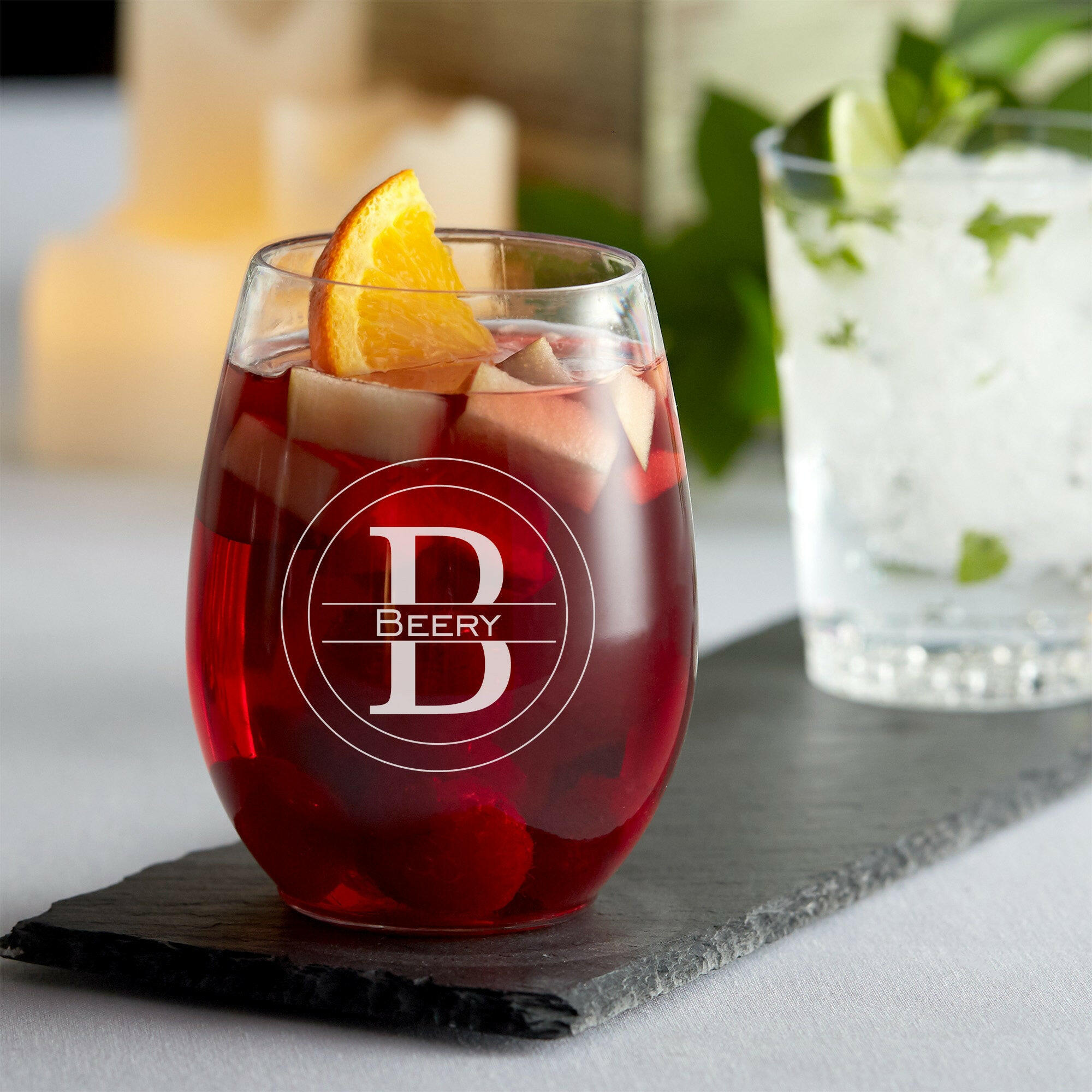 Personalized Stemless Wine Glasses.